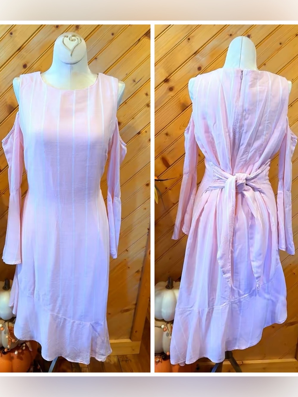 Belle Sky Pink Striped Cold Shoulder Bell Sleeve Sash Dress Small